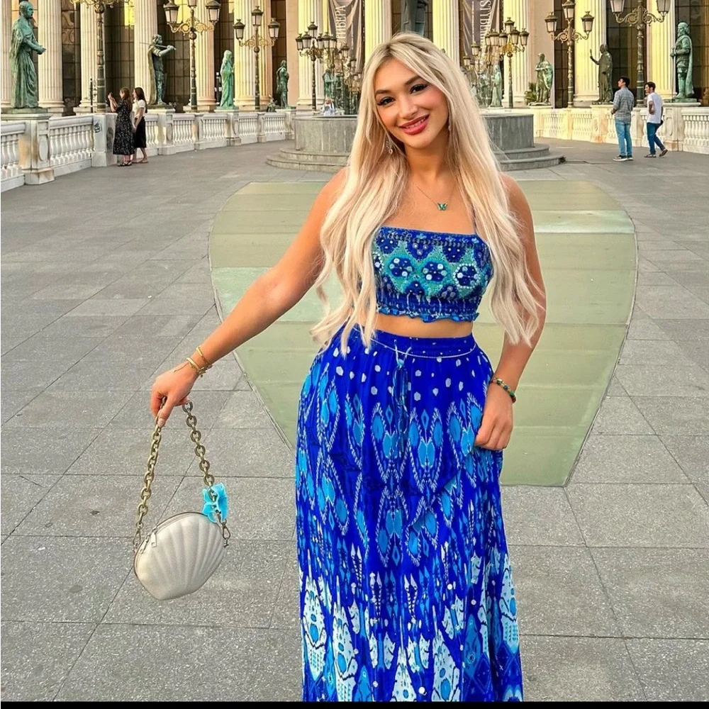 Zara long printed beaded skirt & Top Coord SET